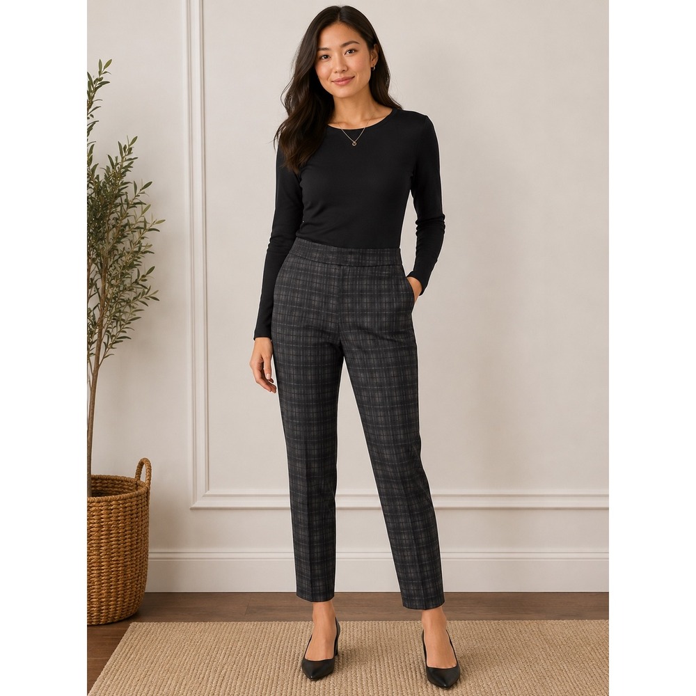 Dalia Grey Black Plaid Slim Leg Pull On Dress Pants Womens Small